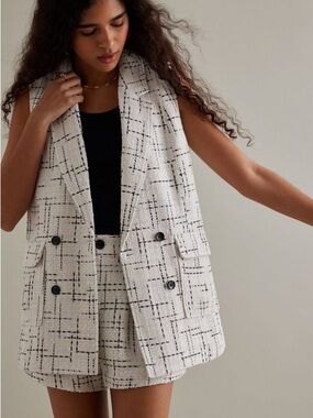Anthropologie Maeve Sleeveless Tweed Vest - White with Black Grid